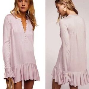 FREE PEOPLE Your Girl Thermal Henley Mini Dress Waffle Knit Tunic Top Pleated XS